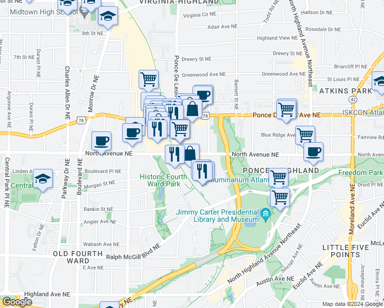 map of restaurants, bars, coffee shops, grocery stores, and more near 755 North Avenue Northeast in Atlanta