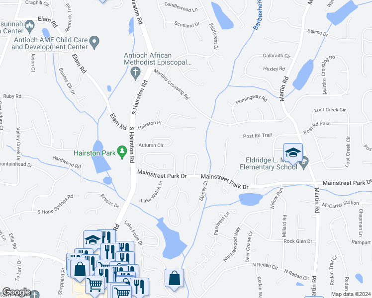 map of restaurants, bars, coffee shops, grocery stores, and more near 838 Heritage Oaks Drive in Stone Mountain