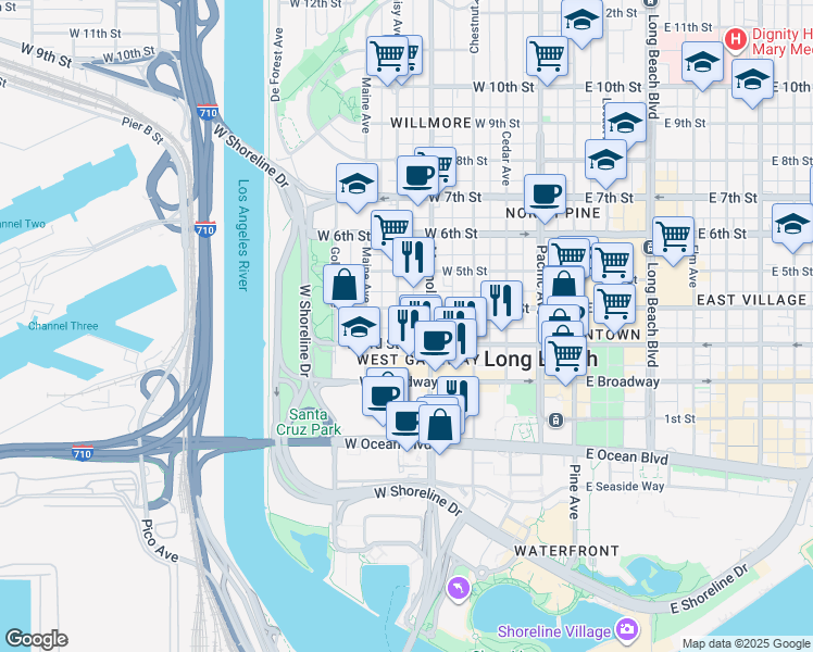map of restaurants, bars, coffee shops, grocery stores, and more near 326 Daisy Avenue in Long Beach