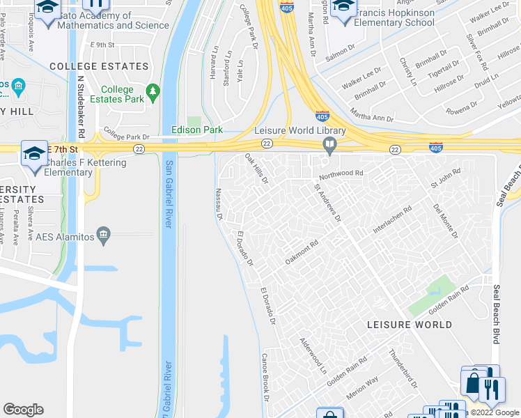 map of restaurants, bars, coffee shops, grocery stores, and more near 13261 Southport Lane in Seal Beach