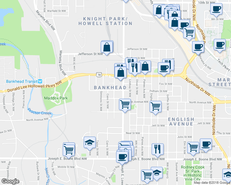 map of restaurants, bars, coffee shops, grocery stores, and more near 599 Whitaker Street Northwest in Atlanta