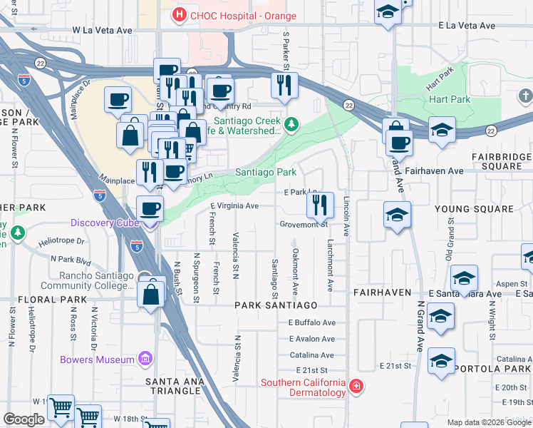 map of restaurants, bars, coffee shops, grocery stores, and more near 620 East Virginia Avenue in Santa Ana