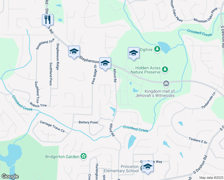 map of restaurants, bars, coffee shops, grocery stores, and more near 6592 Anson Court in Stone Mountain