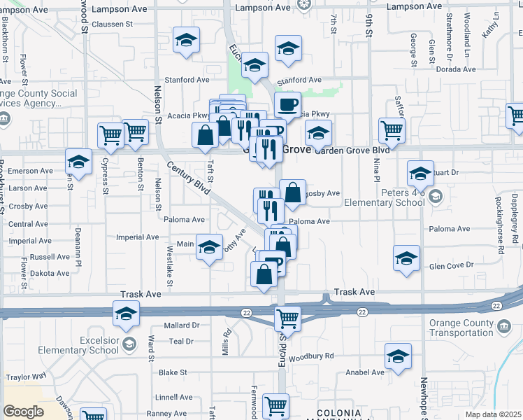map of restaurants, bars, coffee shops, grocery stores, and more near 10911 Dorothy Avenue in Garden Grove