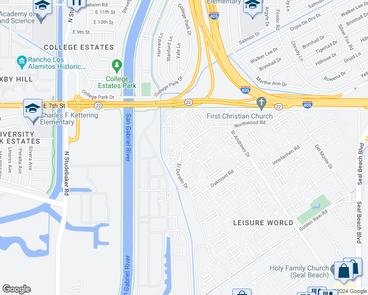 map of restaurants, bars, coffee shops, grocery stores, and more near 1120 Northwood Road in Seal Beach