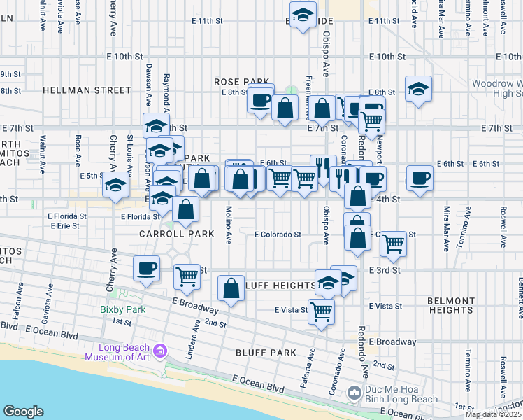 map of restaurants, bars, coffee shops, grocery stores, and more near 379 Gladys Avenue in Long Beach