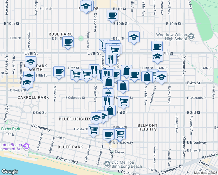 map of restaurants, bars, coffee shops, grocery stores, and more near in Long Beach