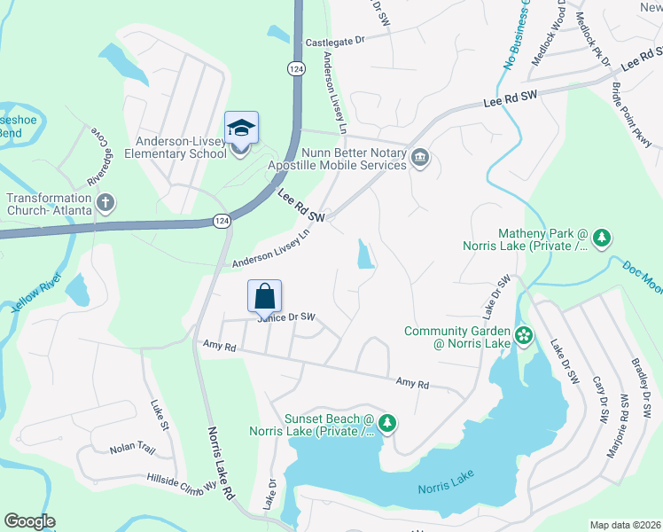 map of restaurants, bars, coffee shops, grocery stores, and more near 4500 Ford Place Southwest in Snellville