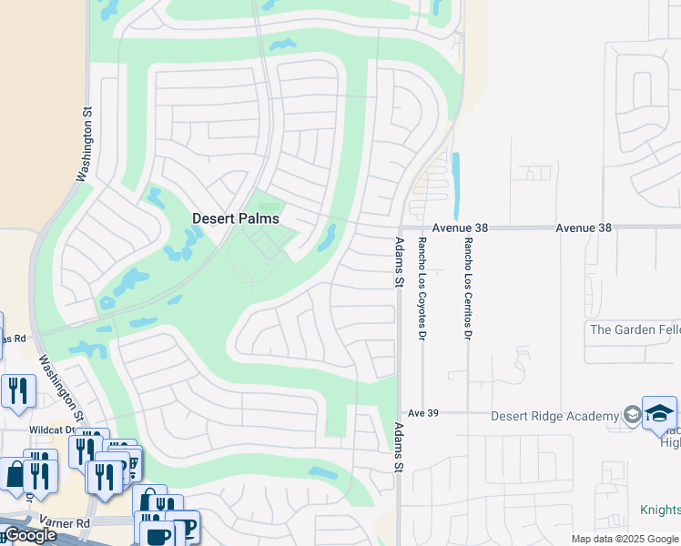 map of restaurants, bars, coffee shops, grocery stores, and more near 38316 Brandywine Avenue in Palm Desert