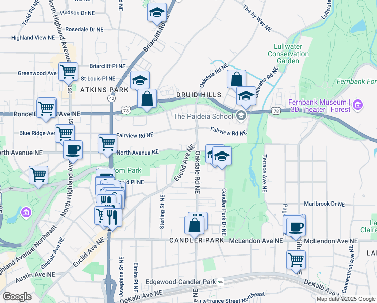 map of restaurants, bars, coffee shops, grocery stores, and more near Stone Mountain Trail in Atlanta