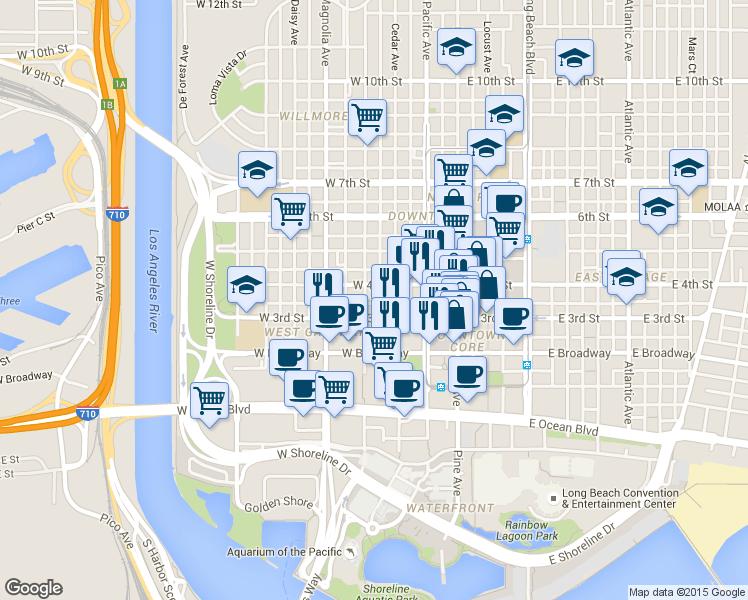 map of restaurants, bars, coffee shops, grocery stores, and more near 330 Chestnut Avenue in Long Beach