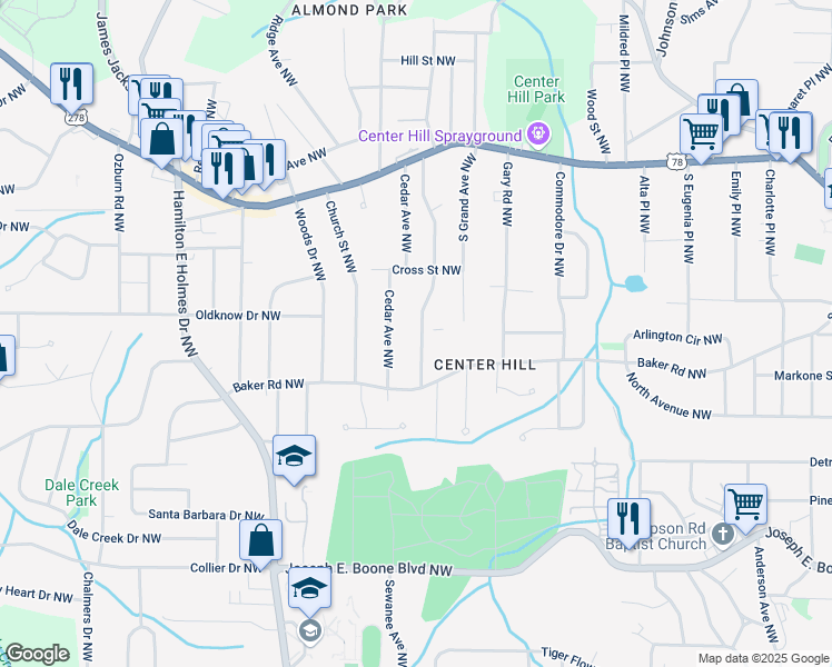 map of restaurants, bars, coffee shops, grocery stores, and more near 578 Center Hill Avenue Northwest in Atlanta