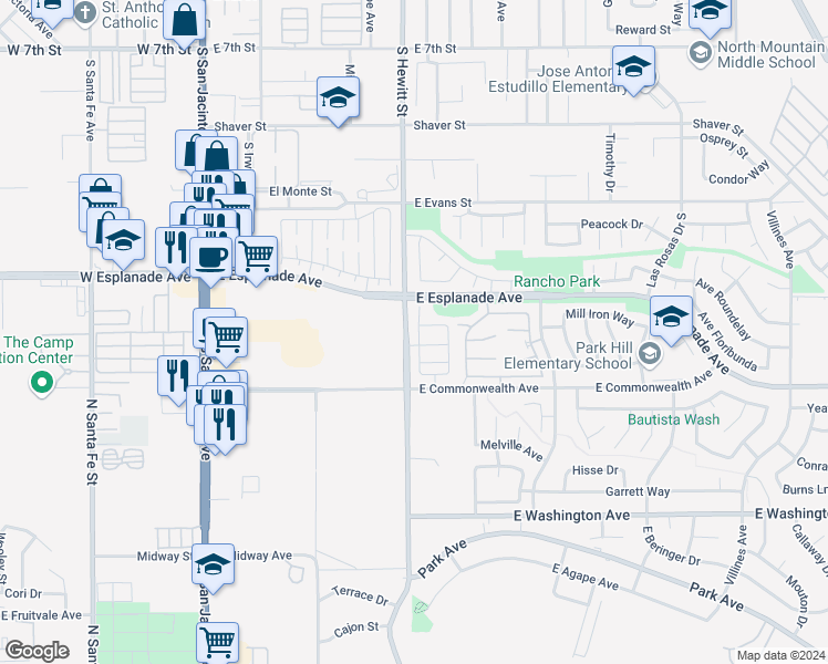 map of restaurants, bars, coffee shops, grocery stores, and more near 1612 Wisteria Drive in San Jacinto