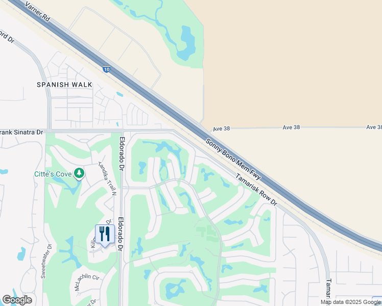 map of restaurants, bars, coffee shops, grocery stores, and more near 38275 Crocus Lane in Palm Desert