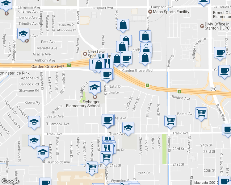 map of restaurants, bars, coffee shops, grocery stores, and more near 7034 Lisa Lane in Westminster
