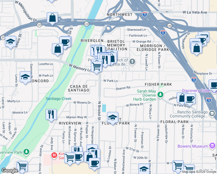 map of restaurants, bars, coffee shops, grocery stores, and more near 1223 Sharon Road in Santa Ana