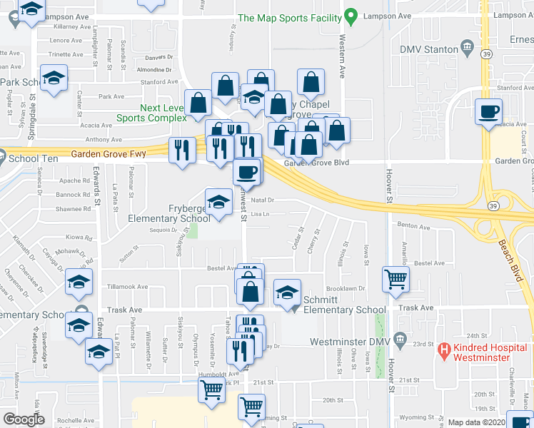 map of restaurants, bars, coffee shops, grocery stores, and more near 7033 Lisa Lane in Westminster