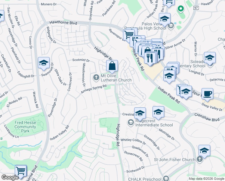 map of restaurants, bars, coffee shops, grocery stores, and more near 2 Vía Pergola in Rancho Palos Verdes
