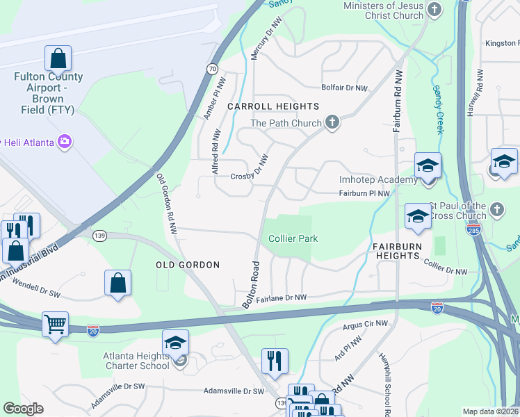 map of restaurants, bars, coffee shops, grocery stores, and more near 626 Bolton Road Northwest in Atlanta