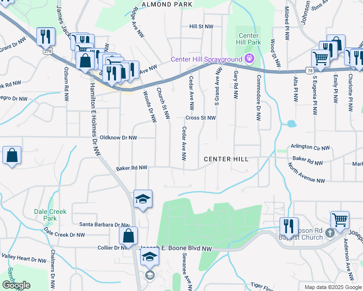 map of restaurants, bars, coffee shops, grocery stores, and more near 578 Cedar Avenue Northwest in Atlanta