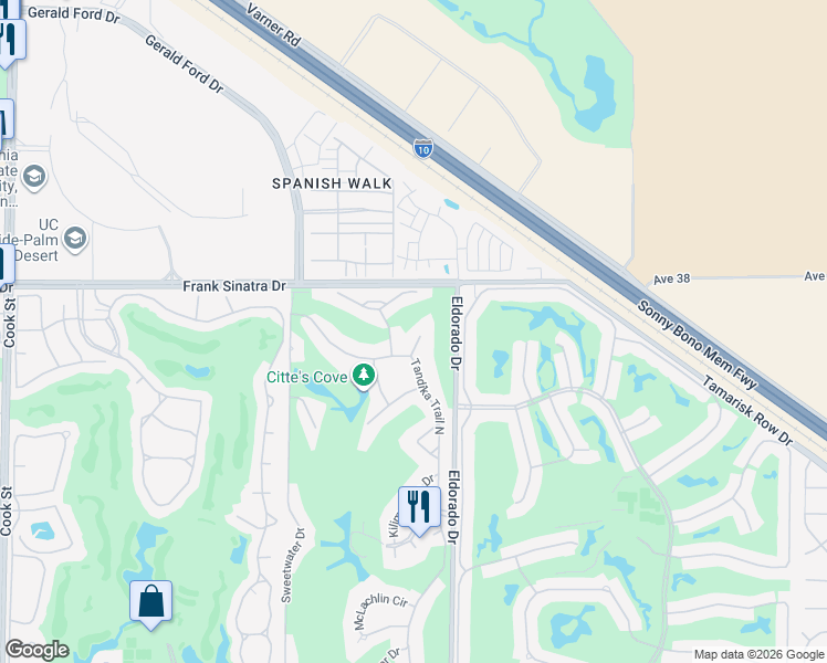 map of restaurants, bars, coffee shops, grocery stores, and more near 75966 Kimberly Lane in Palm Desert