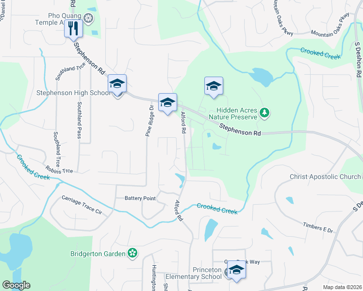 map of restaurants, bars, coffee shops, grocery stores, and more near 6596 Anson Court in Stone Mountain