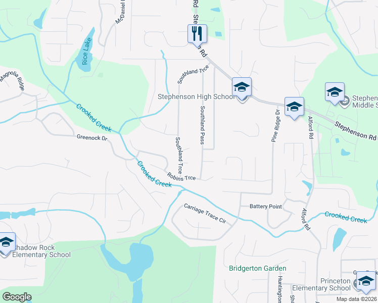 map of restaurants, bars, coffee shops, grocery stores, and more near 6339 Robins Nest in Stone Mountain