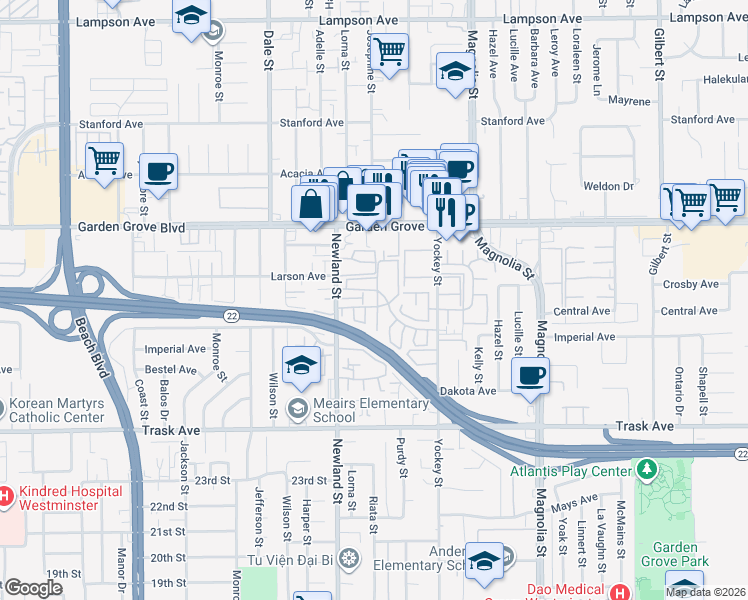 map of restaurants, bars, coffee shops, grocery stores, and more near 13175 Creek View Drive in Garden Grove