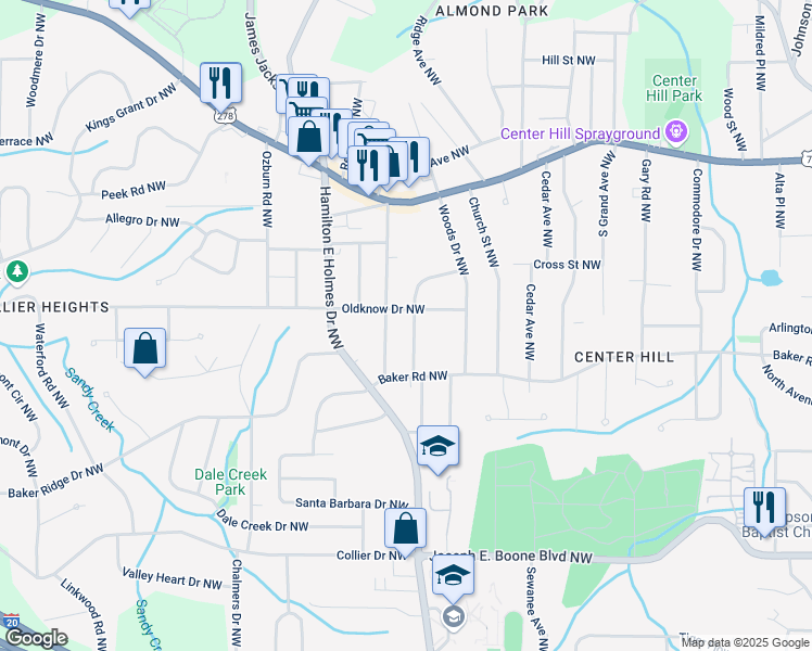 map of restaurants, bars, coffee shops, grocery stores, and more near 2581 Hood Avenue Northwest in Atlanta