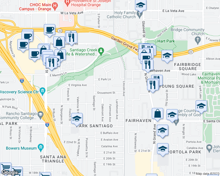map of restaurants, bars, coffee shops, grocery stores, and more near 906 East Virginia Avenue in Santa Ana