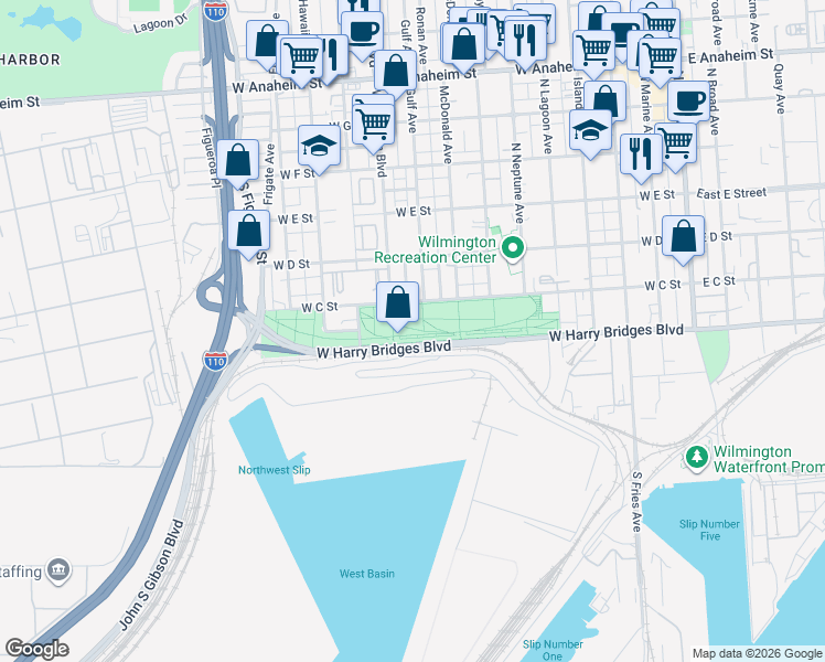 map of restaurants, bars, coffee shops, grocery stores, and more near West C Street in Los Angeles