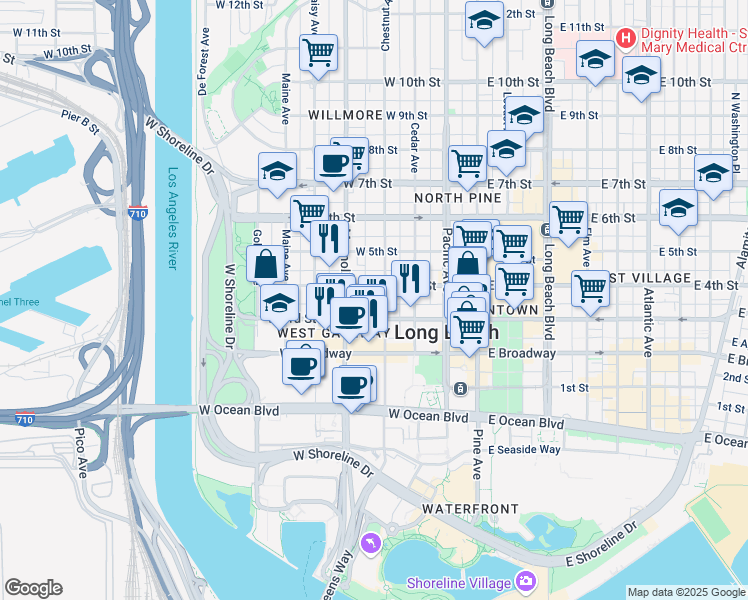 map of restaurants, bars, coffee shops, grocery stores, and more near 327 Chestnut Avenue in Long Beach