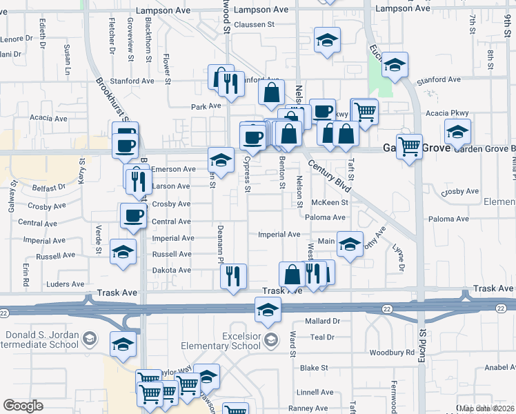 map of restaurants, bars, coffee shops, grocery stores, and more near 10391 Mildred Avenue in Garden Grove