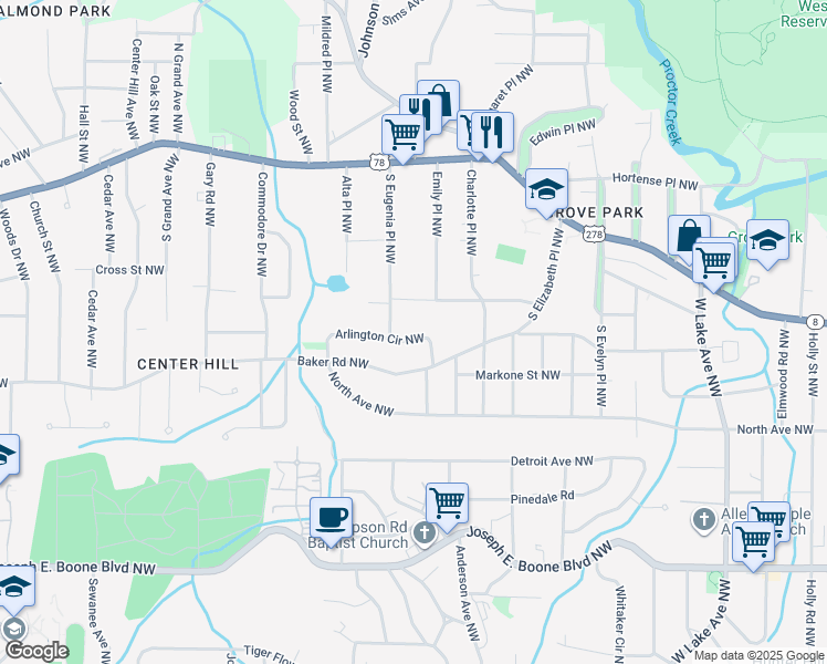 map of restaurants, bars, coffee shops, grocery stores, and more near 2025 Arlington Circle Northwest in Atlanta