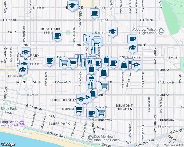 map of restaurants, bars, coffee shops, grocery stores, and more near 385 Redondo Avenue in Long Beach