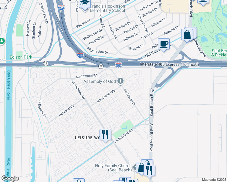 map of restaurants, bars, coffee shops, grocery stores, and more near 1690 Interlachen Road in Seal Beach