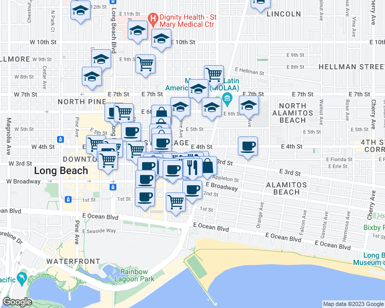 map of restaurants, bars, coffee shops, grocery stores, and more near 320 Lime Avenue in Long Beach