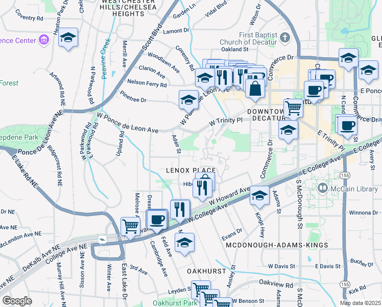 map of restaurants, bars, coffee shops, grocery stores, and more near 307 Adair Street in Decatur