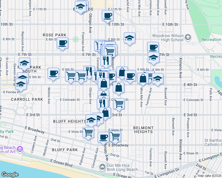 map of restaurants, bars, coffee shops, grocery stores, and more near in Long Beach