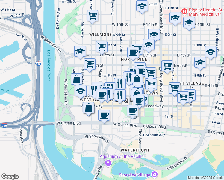 map of restaurants, bars, coffee shops, grocery stores, and more near 327 Chestnut Avenue in Long Beach