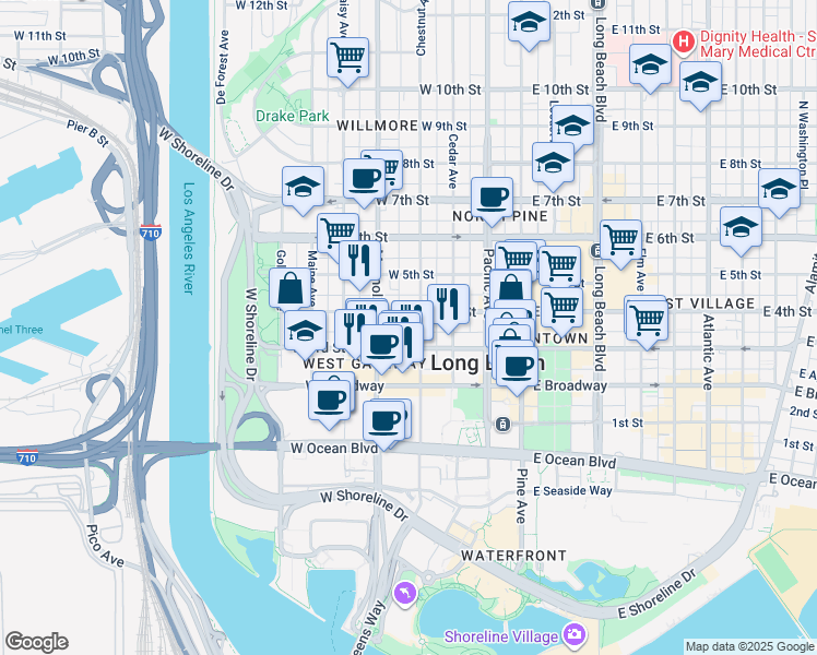 map of restaurants, bars, coffee shops, grocery stores, and more near 327 Chestnut Avenue in Long Beach