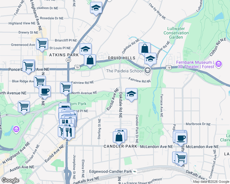 map of restaurants, bars, coffee shops, grocery stores, and more near North Avenue Northeast & Euclid Avenue Northeast in Atlanta