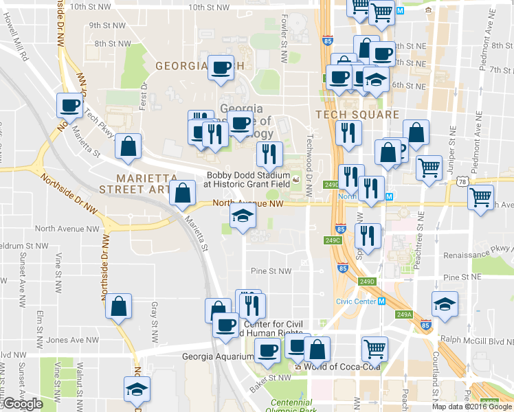 map of restaurants, bars, coffee shops, grocery stores, and more near 264 Northside Drive Southwest in Atlanta