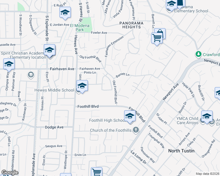 map of restaurants, bars, coffee shops, grocery stores, and more near 18971 Ironwood Lane in Santa Ana