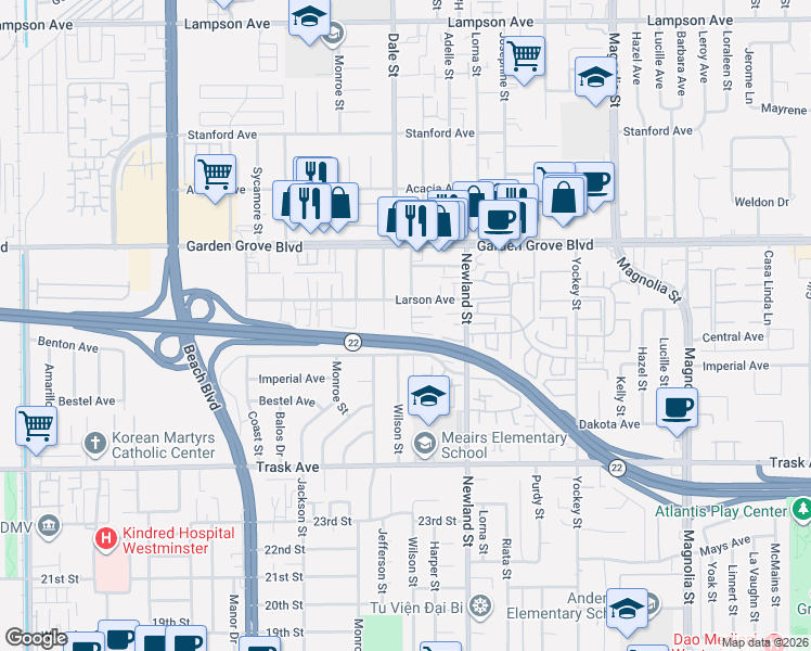 map of restaurants, bars, coffee shops, grocery stores, and more near 13182 Jefferson Street in Garden Grove