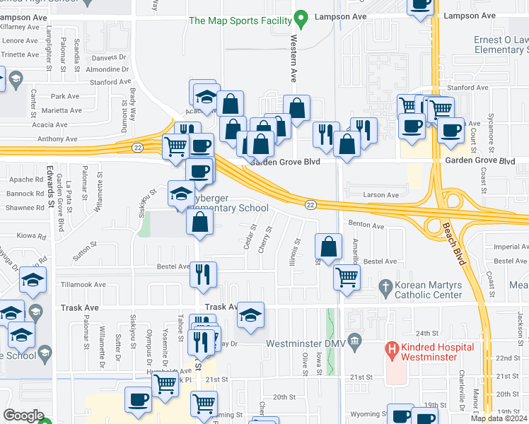 map of restaurants, bars, coffee shops, grocery stores, and more near 13154 Cedar Street in Westminster