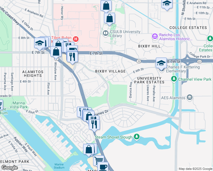 map of restaurants, bars, coffee shops, grocery stores, and more near 6008 Bixby Village Drive in Long Beach