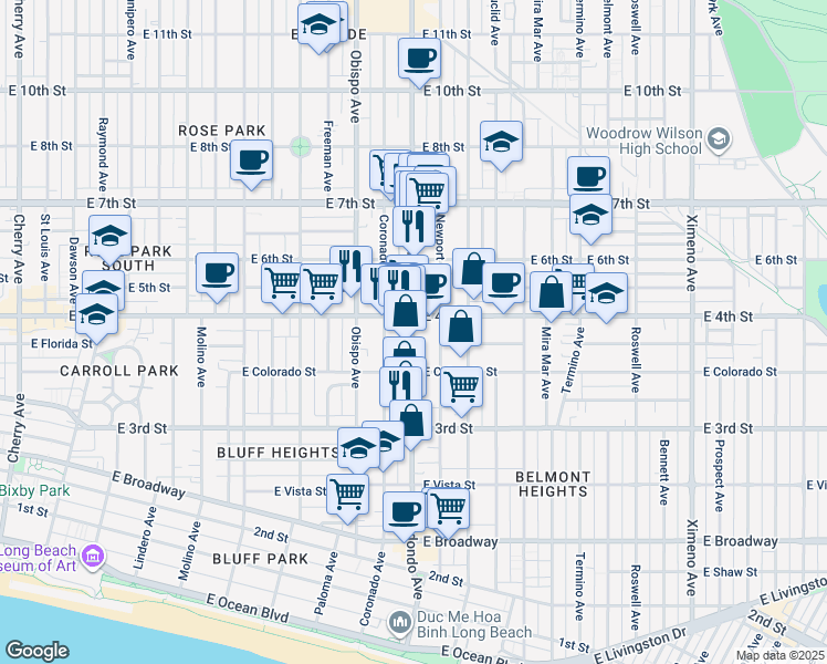map of restaurants, bars, coffee shops, grocery stores, and more near in Long Beach