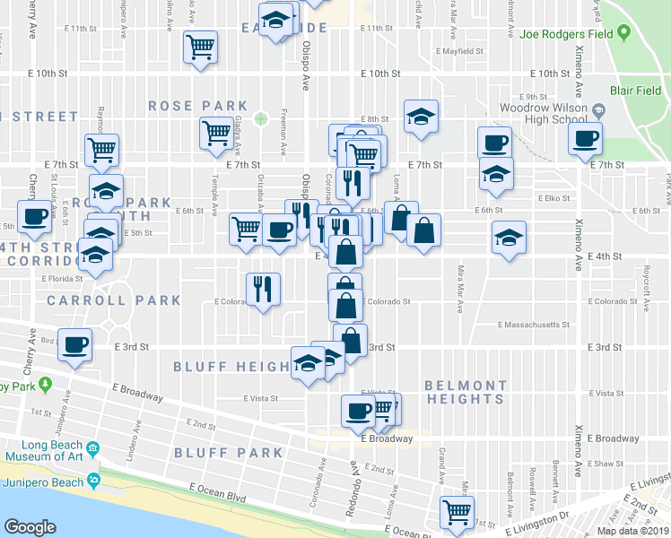 map of restaurants, bars, coffee shops, grocery stores, and more near 380 Coronado Avenue in Long Beach