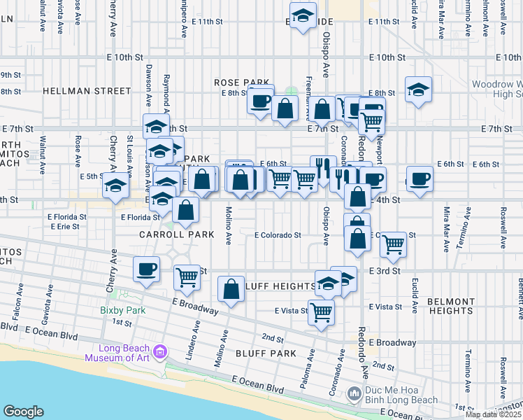 map of restaurants, bars, coffee shops, grocery stores, and more near 379 Gladys Avenue in Long Beach